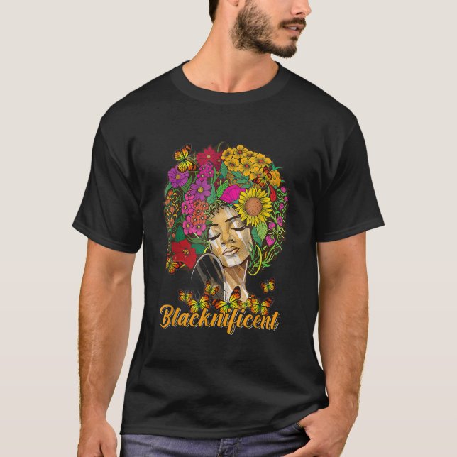 T-shirt Blacknificent Floral Afro Hair Butterfly Africain  (Devant)