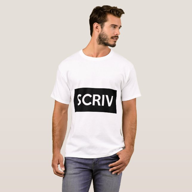 T-shirt blanc avec la copie noire de SCRIV (Devant entier)