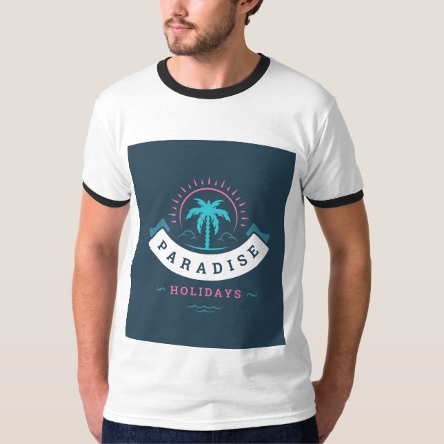 T-shirt blanc avec typographie Paradise Holiday (Devant)