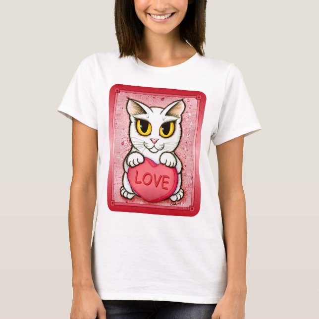 T-shirt blanc d'amour de coeur de sucrerie de chat (Devant)