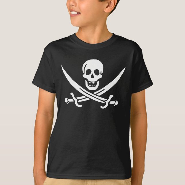 T-shirt Blanc, Drapeau Pirate Calico Jack, Crâne & Cutlass (Devant)