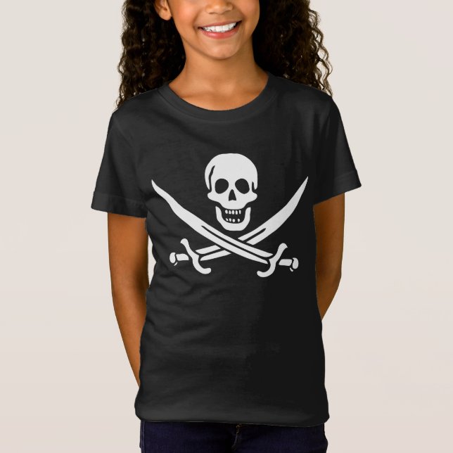 T-Shirt Blanc, Drapeau Pirate Calico Jack, Crâne & Cutlass (Devant)