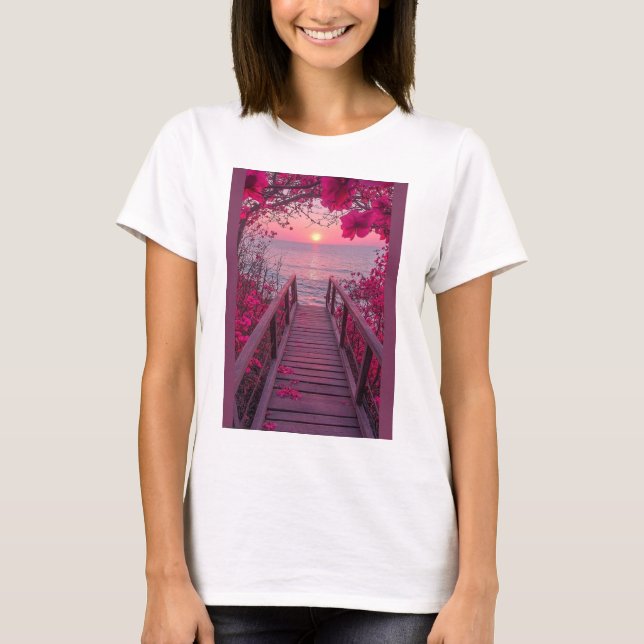 T-shirt blanc mélange avec motif rose (Devant)