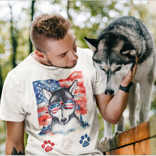T-shirt Blanc rouge et bleu Sibérie Husky 4 juillet
