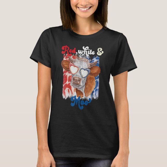 T-shirt Blanc Rouge Et Vache Moo 4 juillet Patriotique Usa (Devant)