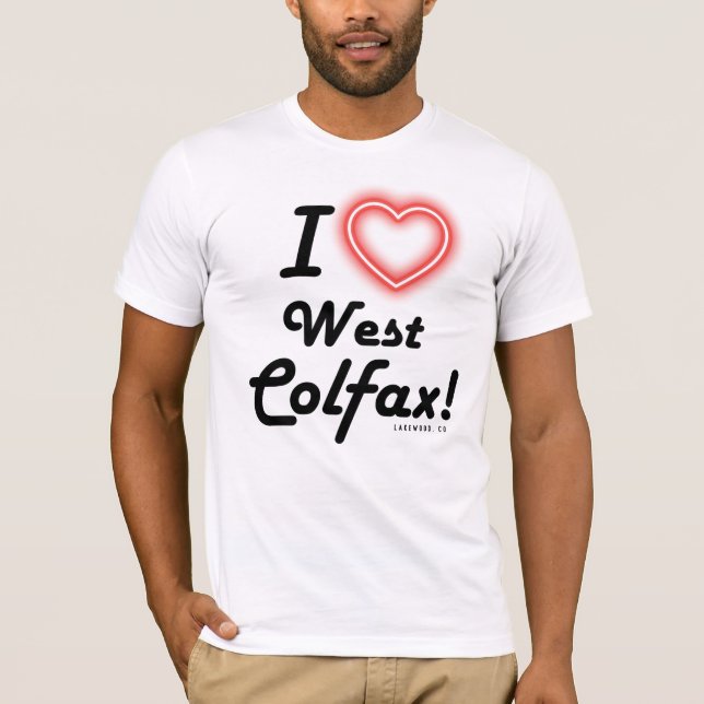 T-shirt blanc unisexe « J'aime West Colfax » (Devant)