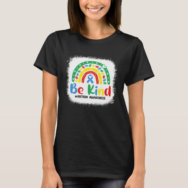 T-shirt Bleached Be Kind Rainbow Blue Ribbon Autism Awaren (Devant)