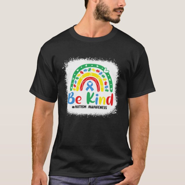 T-shirt Bleached Be Kind Rainbow Blue Ribbon Autism Awaren (Devant)