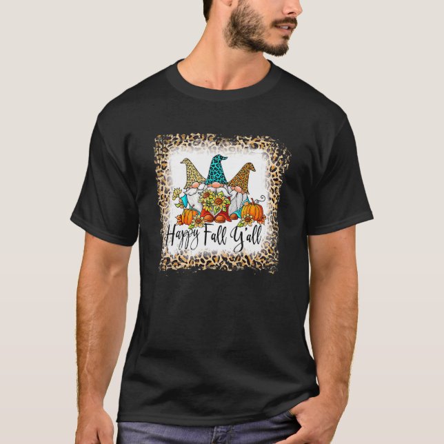 T-shirt Bleached Happy Fall Y'all Gnomes Leopard Citrouill (Devant)