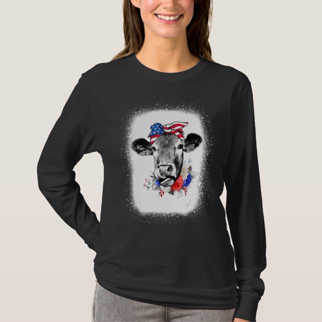 T-shirt Bleached Highland Cow American Flag Patriotic 4th  (Devant)