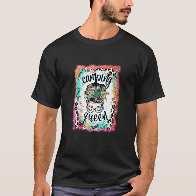 T-shirt Bleached Leopard Messy Bun Camping Queen Funny Cam (Devant)