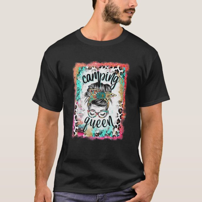 T-shirt Bleached Leopard Messy Bun Camping Queen Funny Cam (Devant)