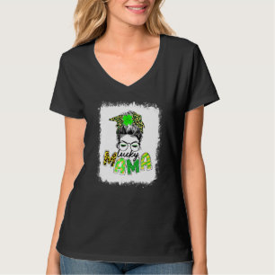 T-shirt Bleached Lucky Mama Messy Bun Shamrock St Patrick