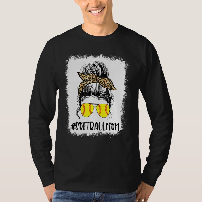 T-shirt Bleached Maman Vie Leopard Messy Bun Softball Jeu (Devant)