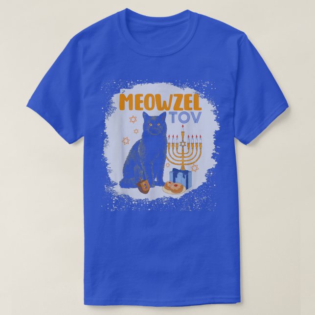 T-shirt Bleached Mazel Tov Black Cat Menorah Funny Hanukka (Design devant)
