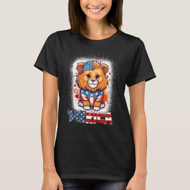 T-shirt Bleached Patriotic Lion 4th of July Fireworks Meri (Devant)