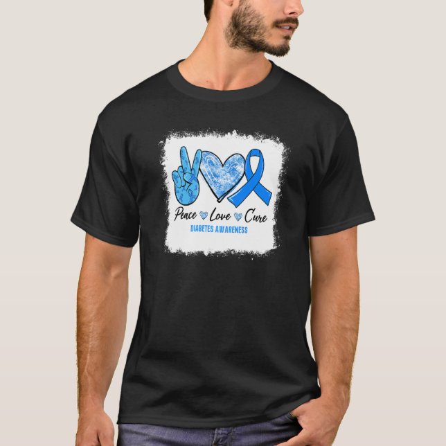 T-shirt Bleached Peace Love Cure Blue Ribbon Diabetes Awar (Devant)