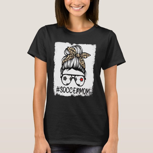 T-shirt Bleached Soccer Maman Vie Leopard Bow Messy Bun Ga (Devant)