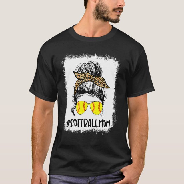 T-shirt Bleached Softball Maman Vie Leopard Messy Bun Jeu (Devant)