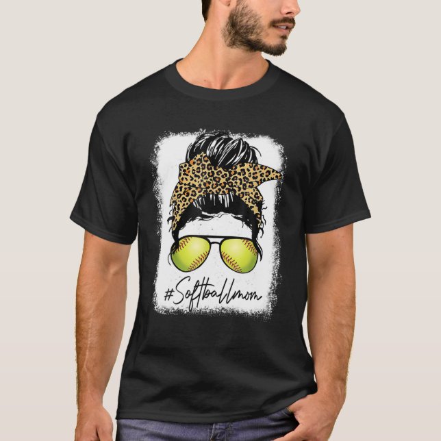 T-shirt Bleached Softball Maman Vie Leopard Messy Bun Jeu (Devant)