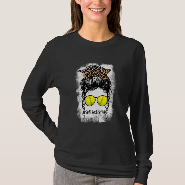 T-shirt Bleached Softball Maman Vie Leopard Messy Bun Pour (Devant)