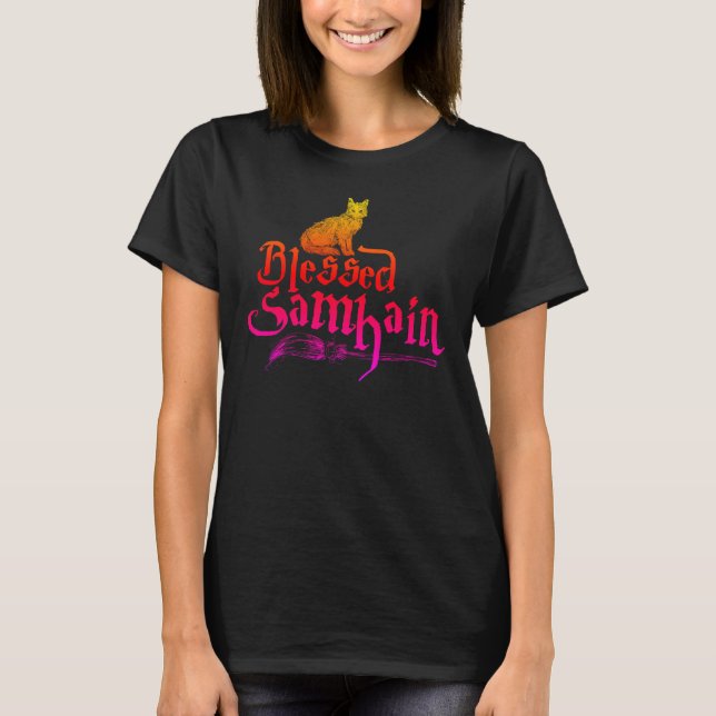 T-shirt Blessé Samhain - Chat sorcières Broom 1a (Devant)