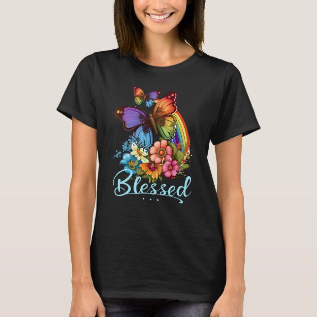 T-shirt Blessed Christian Butterfly Pretty Floral Rainbow  (Devant)