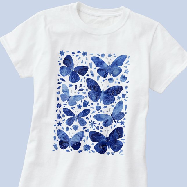 T-shirt bleu Aquarelle papillon (Indigo navy blue and white watercolor butterfly art t-shirt)