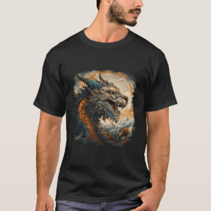 T-shirt Bleu Asiatique Dragon Lune Montagne Nuages Japonai