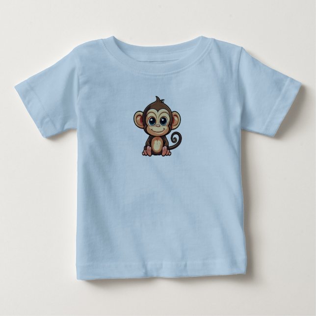 T-shirt bleu avec petit mignon singe imprimé (Devant)