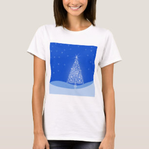 T-shirt Bleu Blanc Joyeux Arbre de Noël Étoiles Nuit Lumiè