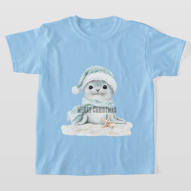 T-shirt Bleu Blanc Père Noël Écharpe Sceau Noël (Poser)