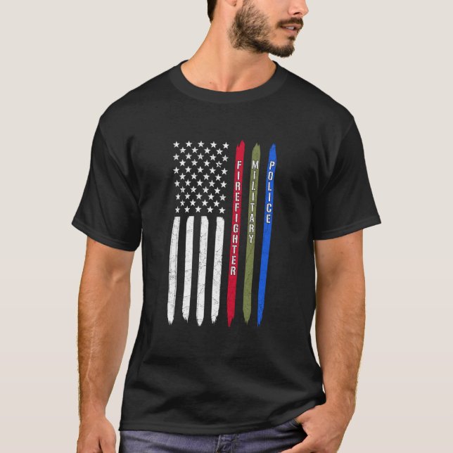 T-shirt Bleu Bleu Vert Ligne Américaine Drapeau Police Mil (Devant)