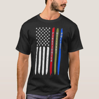 T-shirt Bleu Bleu Vert Ligne Américaine Drapeau Police Mil