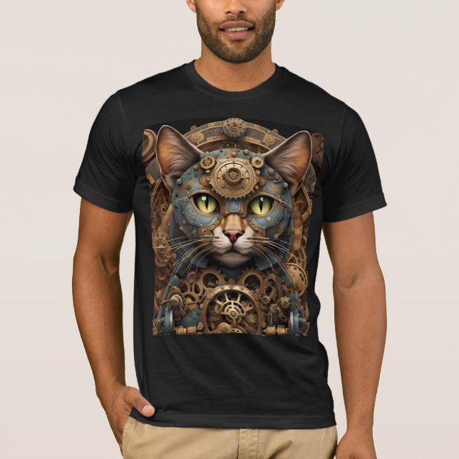 T-Shirt  bleu chat steampunk art IA  (Devant)