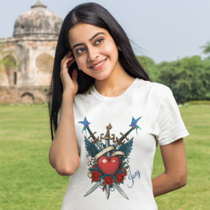 T-shirt Bleu de coeur rouge floral marine