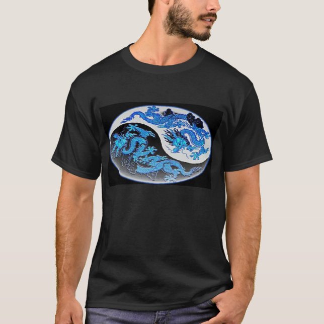 T-shirt bleu de dragons de Yin-Yang - customisé (Devant)