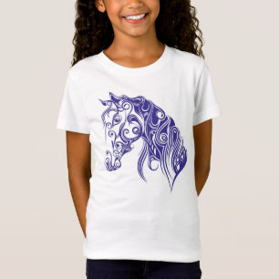 T-shirt bleu de filles de conception de cheval