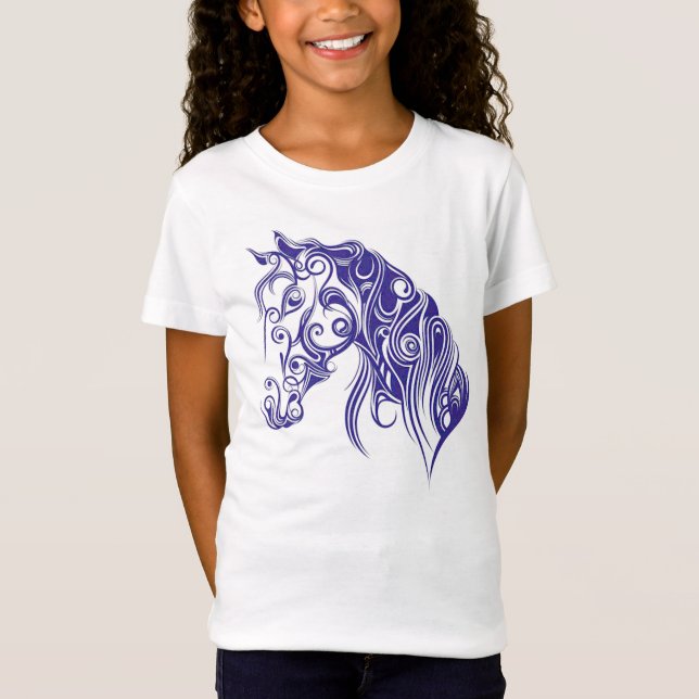 T-shirt bleu de filles de conception de cheval (Devant)