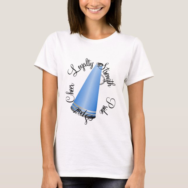 T-shirt bleu de mégaphone de pom-pom girl (Devant)
