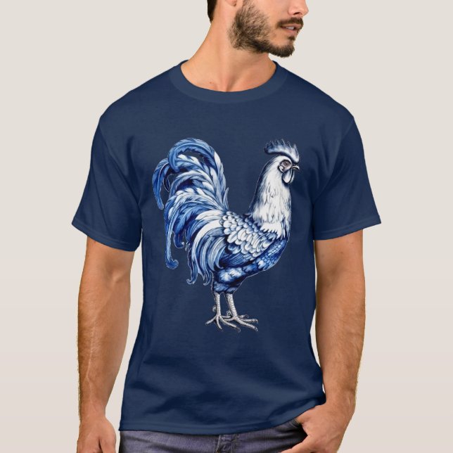 T-shirt Bleu Delft Et Poulet Blanc Rooster (Devant)