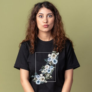 T-shirt Bleu et gris Fleurs florissantes vintage aquarelle