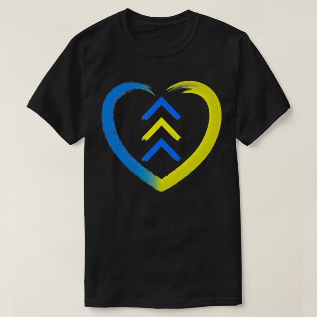 T-shirt Bleu Et Jaune Coeur T21 Flèches Vers Le Bas Syndro (Design devant)