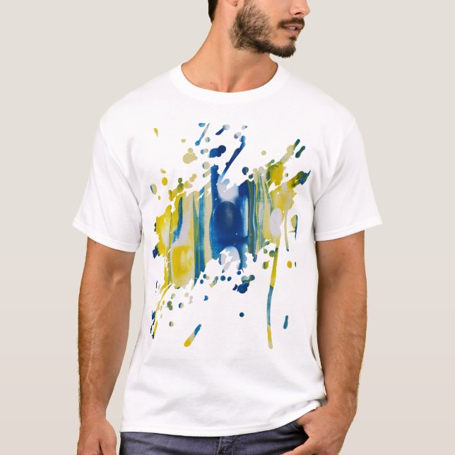 T-shirt Bleu et jaune  | œuvre d'art faite main  (Devant)