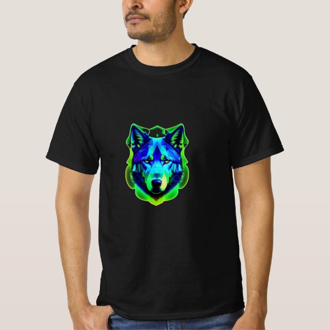 T-shirt bleu et vert face loup (Devant)