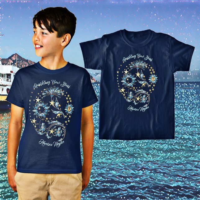 T-shirt Bleu étincelant Nouvel An Parties scintillant Étoi (Blue Sparkling New Year Glitter Stars Floral Party T-Shirt)