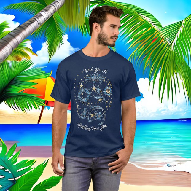 T-shirt Bleu étincelant Parties scintillant du Nouvel An É (Blue Sparkling New Year Glitter Cheer Stars Floral T-Shirt)
