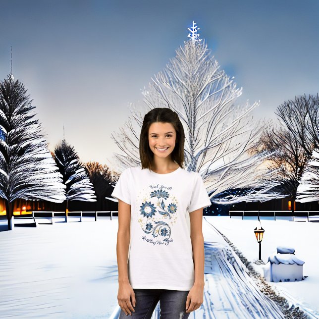 T-shirt Bleu étincelant Parties scintillant du Nouvel An É (Blue Sparkling New Year Glitter Cheer Stars Floral T-Shirt)