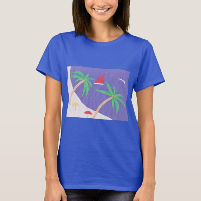 T-shirt bleu foncé avec scène de plage (Devant)