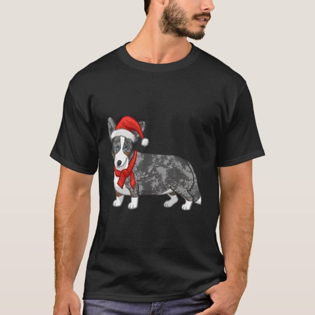 T-shirt Bleu mignon Merle Cardigan Corgi Santa Chapeau pou (Devant)